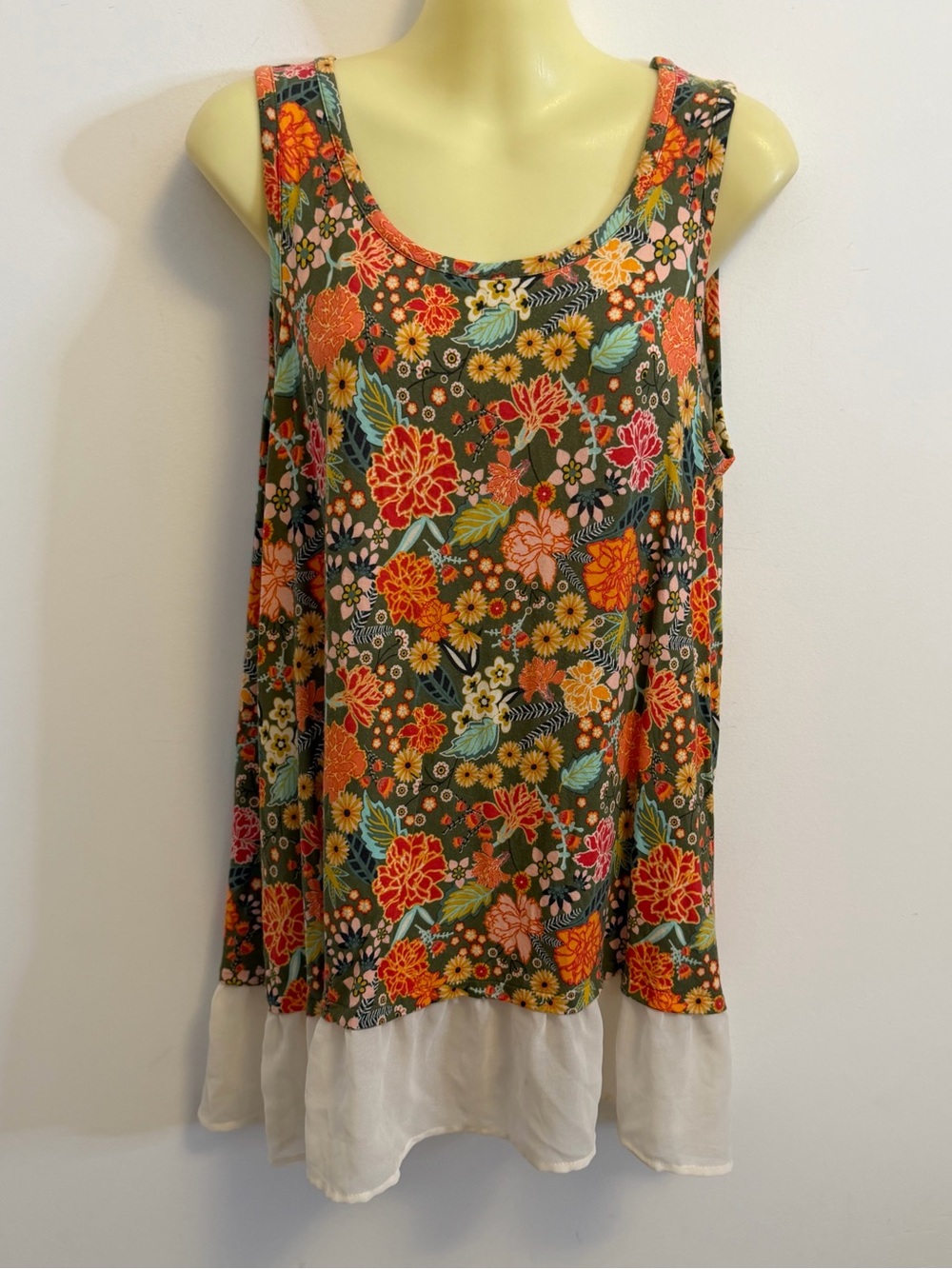 Matilda Jane Olive Floral Scoop Tank with Sheer White Hem